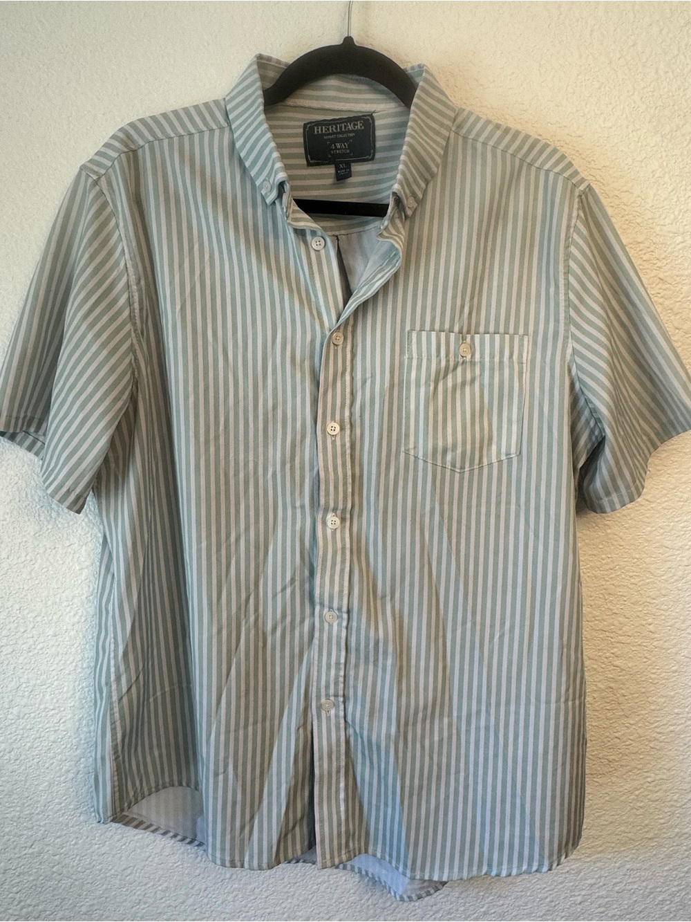 Heritage Men’s Short-Sleeve Button-Down Shirt - Light Sage Green & White Stripes